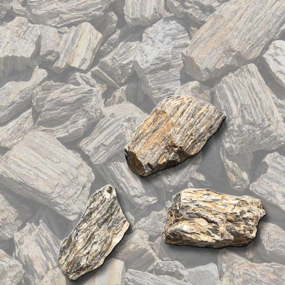 Mustersteine der Gabionenfüllung Gneis grau/beige geadert